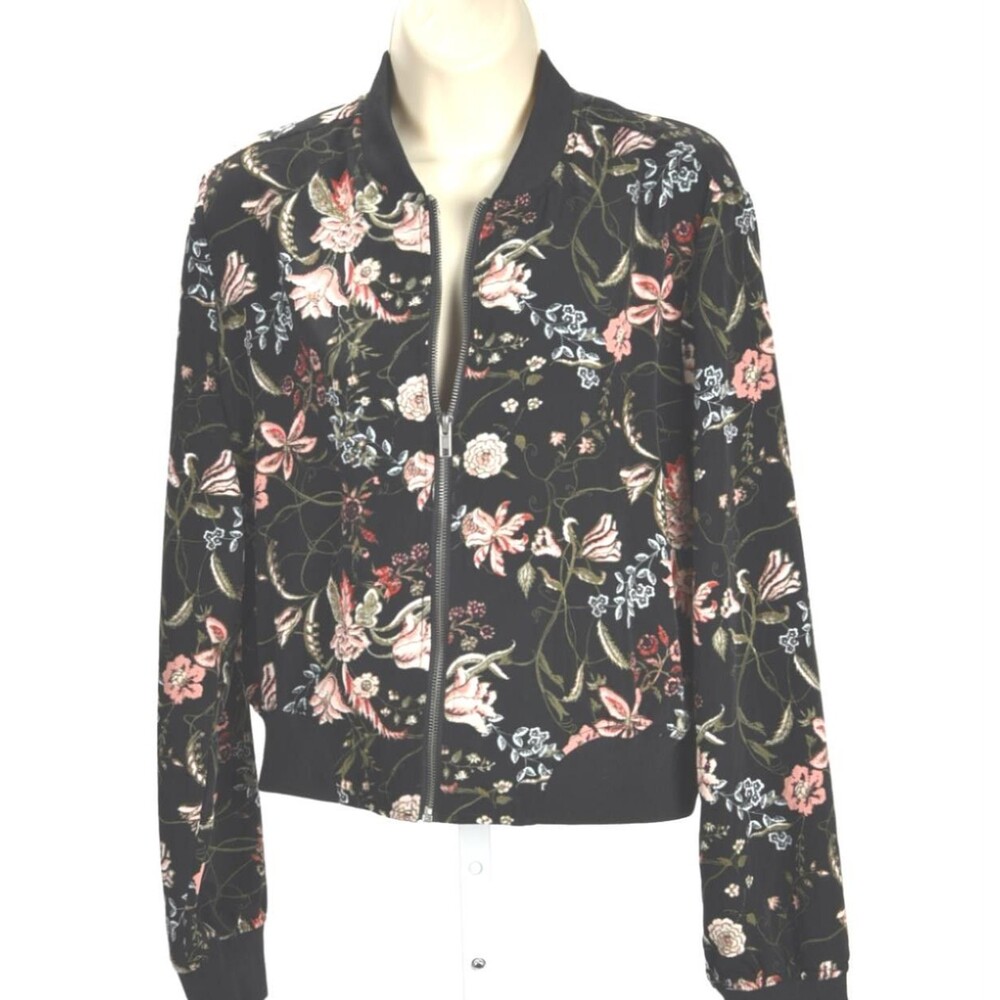 BCX Floral Zip Up Bomber Jacket Coat Crew Neck Lightweight Short Size L